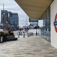 Exit Battersea Power Station tube station and immediately turn right towards the bollards ahead. The station is accessible.
