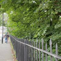 Walk alongside the railing, on the pavement. A footbridge will soon appear on your right.