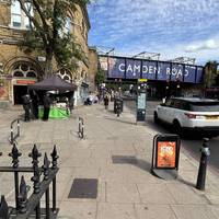 Cross Camden Street and keep ahead past Camden Station. Continue under the railway bridge crossing St Pancras Way.