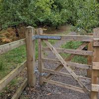 Enter through the Community Orchard through the gate.