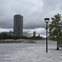 The front of the south bank is now open between Vauxhall and Lambeth bridges. Walk past the MI6 building and the hotel and other offices.