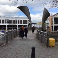 The pair of horn shaped sculptures act as counterweights for the lifting section. Cross Pero’s bridge and head into Anchor Square.