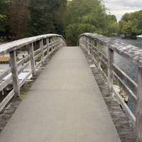 Cross over the wooden bridge. The path is more of a woodland walk and is no longer paved.