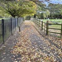 Keep ahead, crossing the drive leading to the cemetery extension on the right. The start of the walk can be slippery with mud if wet.