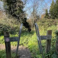 Exit the hard surfaced path through a metal gate and go straight ahead onto a narrow grassy path through the trees.