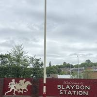 Once on platform one, go to the far end of the platform and look for this mural of the Blaydon Races.