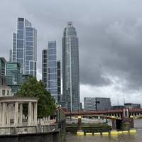 View back to Vauxhall Bridge, Effra Island and low tide river.