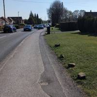 Continue along the pavement with the road on your right and houses and gardens to the left