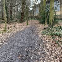 The path splits here. You need to take the path to the right. The sports centre building will be on your right.