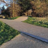 At the path junction,  go straight ahead towards the conifer woodland. Or, to the right explore the giant leaf sculpture or have a seat.