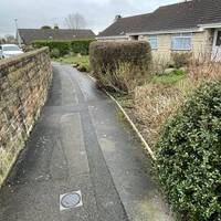 Cross the entrance to the car park and then turn left onto a tarmac footpath with gardens on your right.