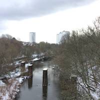 Our first view of the beautiful River Kelvin. The pillars for the old railway bridge are still standing, can you see a Heron perched on top?