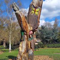 Point 2 - The old tree trunk in front of you has been transformed into a wildlife sculpture. How many different animals can you spot?