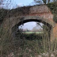 Keep alongside the disused railway track until you reach an overgrown brick bridge.