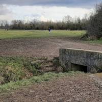 Cross ditch at bridge then aim for the path at 1 o'clock.