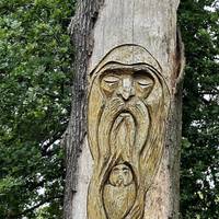 On your left will be a tall tree carving by Mark Butler. What figures can you see etched into the bark?