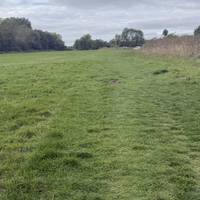 Follow the path across the field with the river on your right.