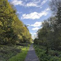 The path turns right, parallel with the train track.