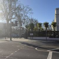 Continue straight ahead, the same direction as the stairs. You’ll come to this junction. Cross Blomfield Road & turn left before the bridge.