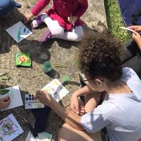 Across the bridge, turn left for a lovely picnic spot. Bring some paper & paint, gather leaves & flowers for nature prints & painting!