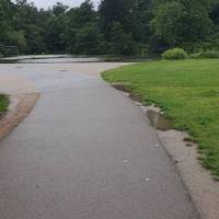 Turn left in front of the pond, following the path, and take the right fork towards the totem pole.