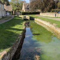 There is deeper water in this section. A bridge crosses here and up ahead by the wall. The water passes under the garden.