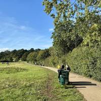 Walk towards the higher ground with a hedge to the right and an open space to the left.