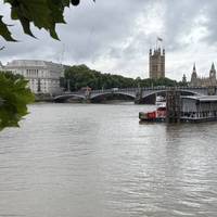 Closer to Lambeth Bridge and St Stephen’s Tower (Big Ben). On the river is a fire station boat with its own pier.
