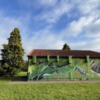 On the left you'll see the pavilion, with its wonderful murals on all sides by local artist Andrew Burns Colwill.