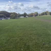 Continue along the path or closer along the grassy bank until you reach the trees and the path continues.