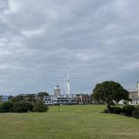 Just past the bowling club, you will be able to see the Spinnaker Tower and Old Portsmouth cathedral in the distance. Turn right at the end.