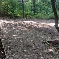 At the path junction, take a sharp right and continue on the dirt path into the woods.