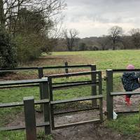 We took this kissing gate on the left. This loop is about 1.5hrs for a slow ramble with kids on foot. It’s not really pram-friendly.