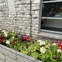 Pass the hall and enjoy the planters. A stone here marks the spot of a time capsule, buried in 2000 as part of millennium celebrations.